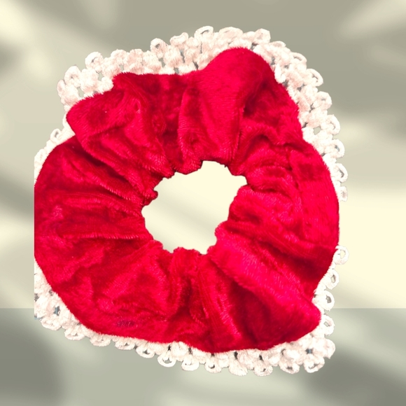 Red Velvet Scrunchie with White Trimming Decor - Picture 2 of 3